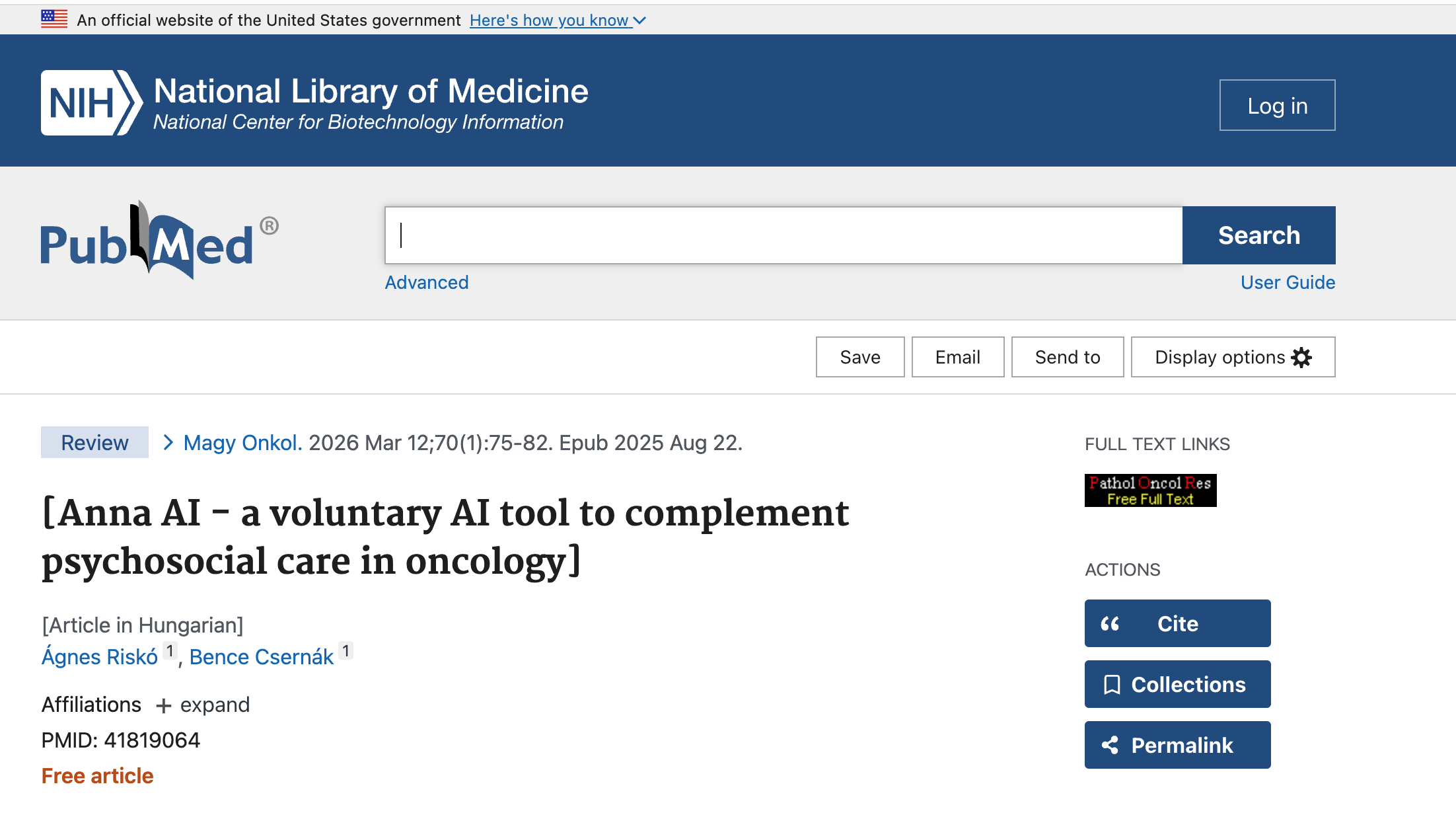 Anna AI peer-reviewed publication in Magyar Onkologia, indexed on PubMed